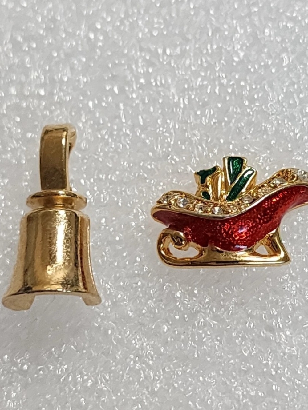 Christmas Pins Lot of 2 Gold Tone Bell & Red Enamel Sleigh Rhinestone Holiday